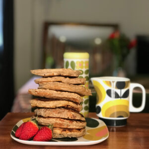 Oaty apple blueberry pancakes Stacked up pancakes