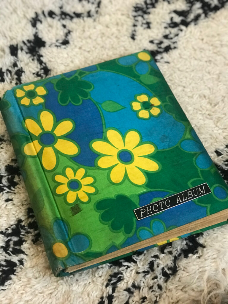 1970s family photo album, blue with yellow flowers